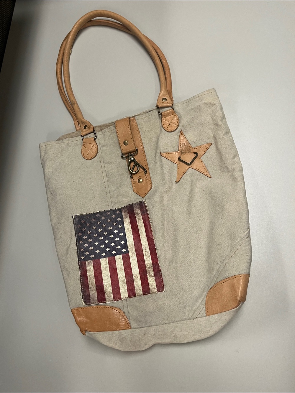 Vintage Addiction Neutral Canvas Tote with American Flag Patch and Tan Trim